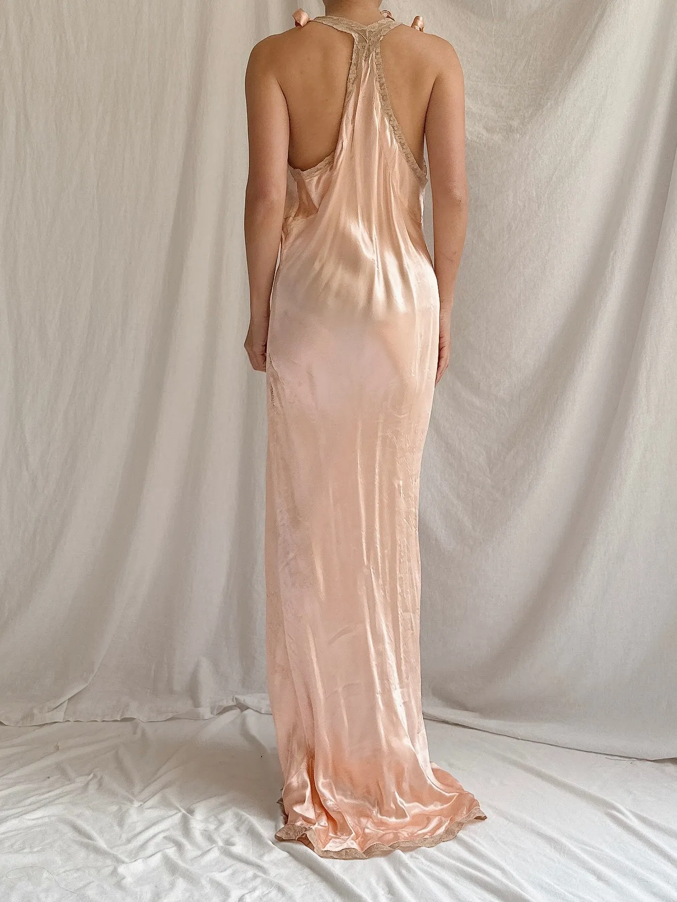 1930s Peach Satin Slip Dress - M