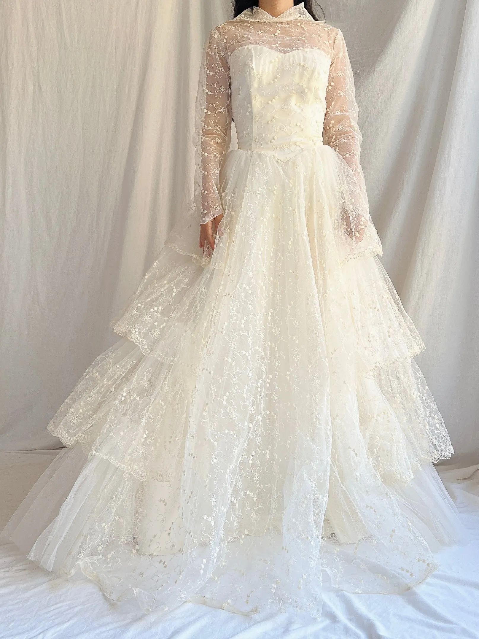 1950s Embroidered Tiered Tulle Gown - XS/S