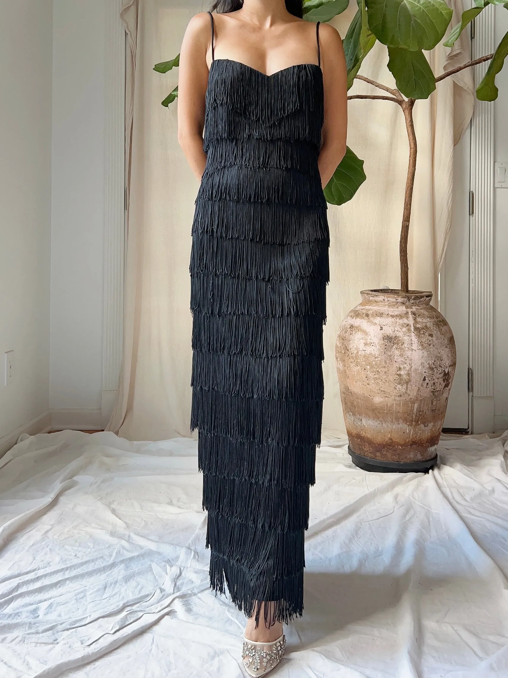 1970s Black Fringe Tiered Dress - M