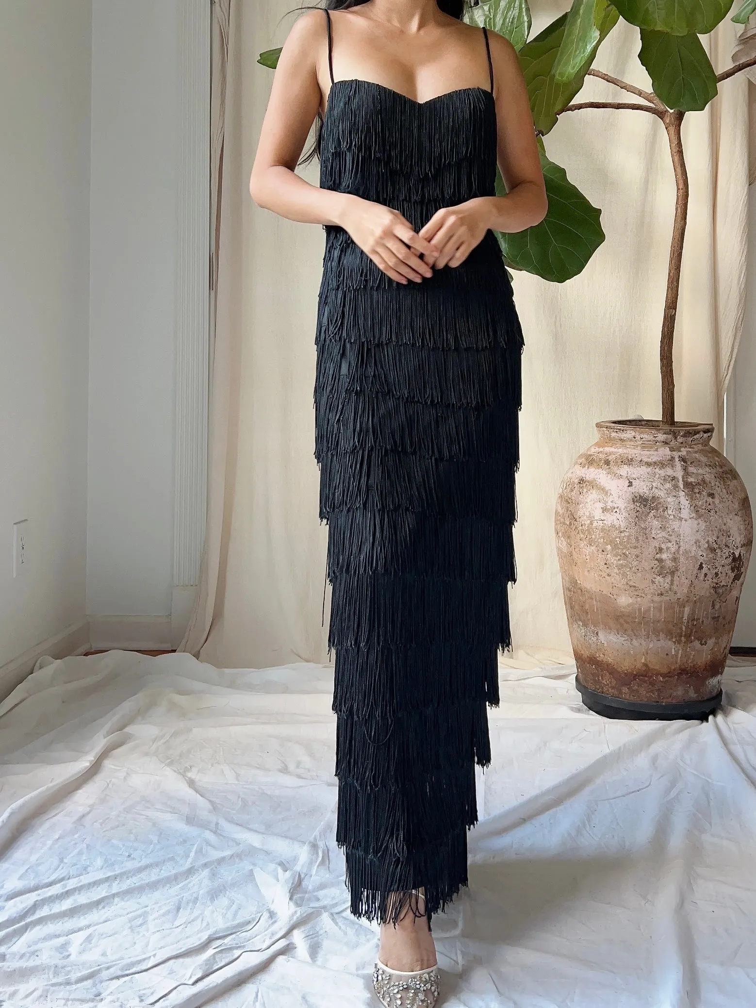 1970s Black Fringe Tiered Dress - M