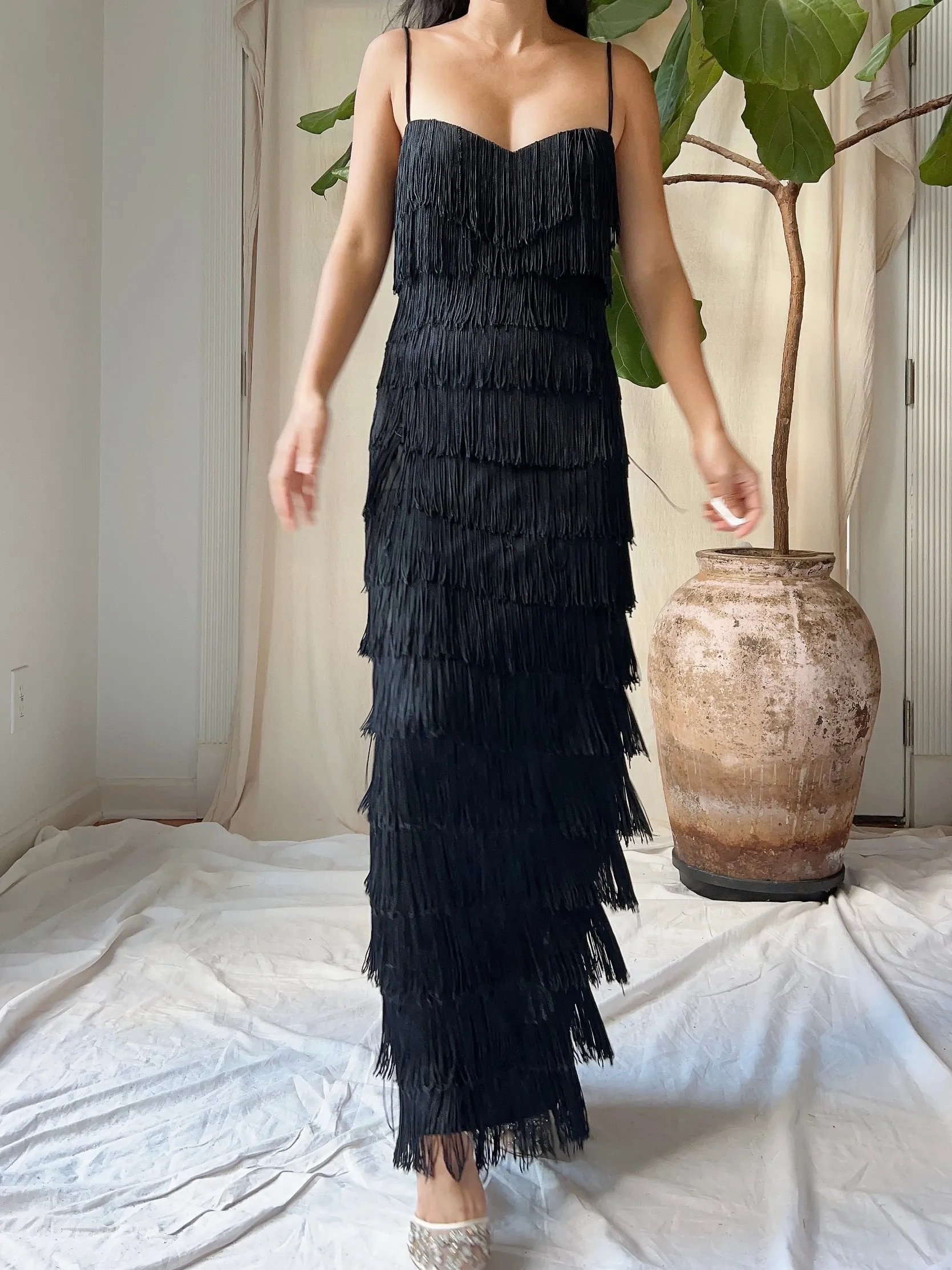 1970s Black Fringe Tiered Dress - M