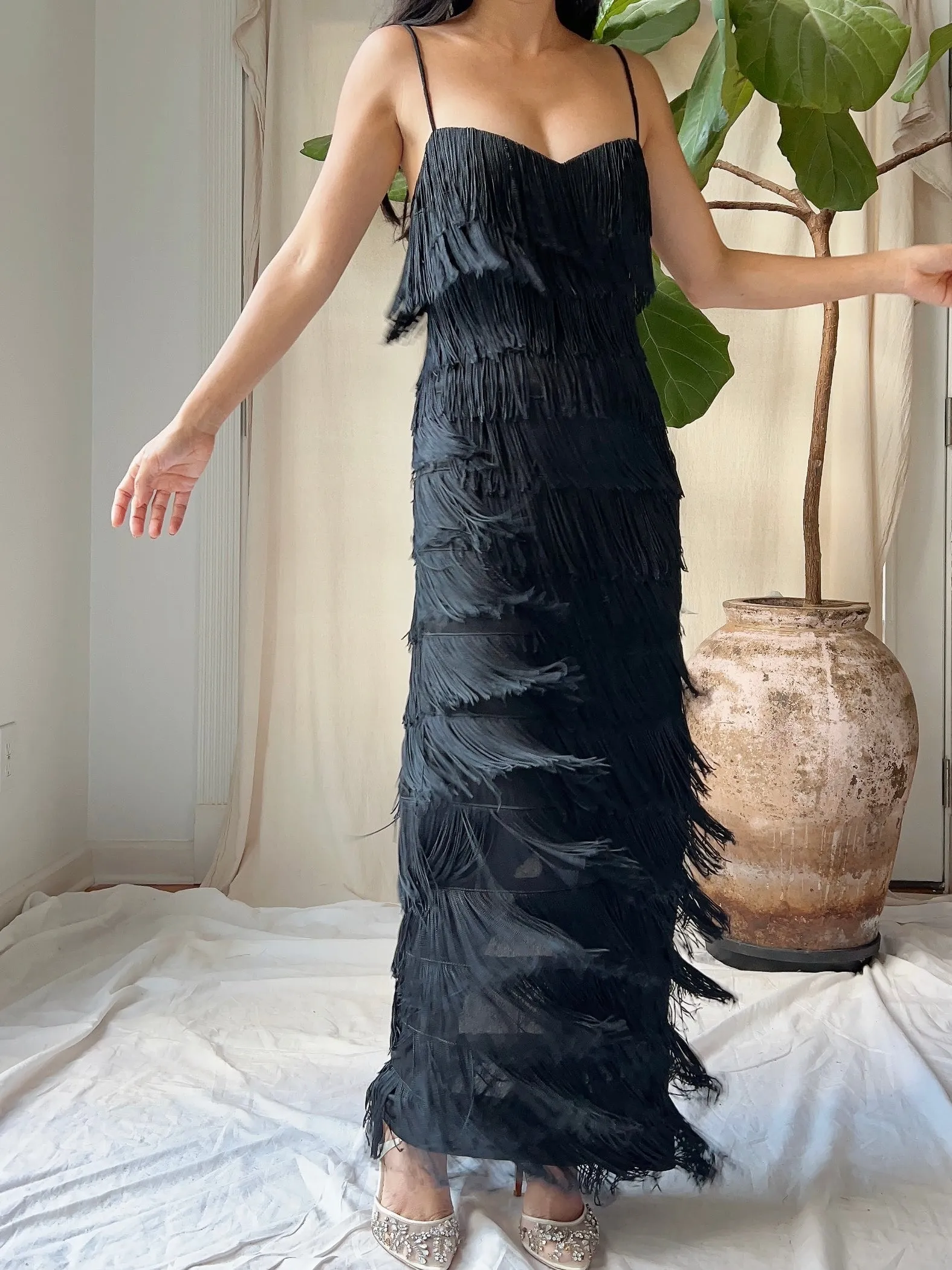 1970s Black Fringe Tiered Dress - M