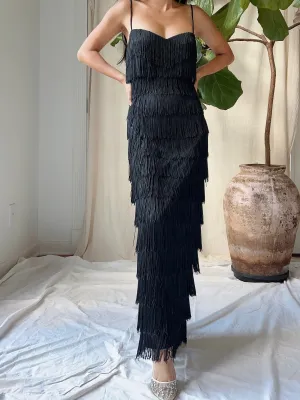1970s Black Fringe Tiered Dress - M