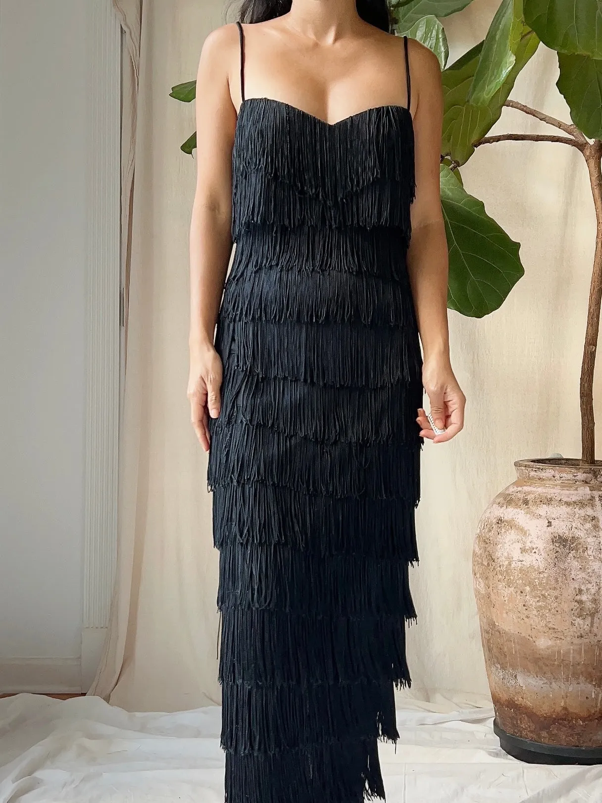 1970s Black Fringe Tiered Dress - M