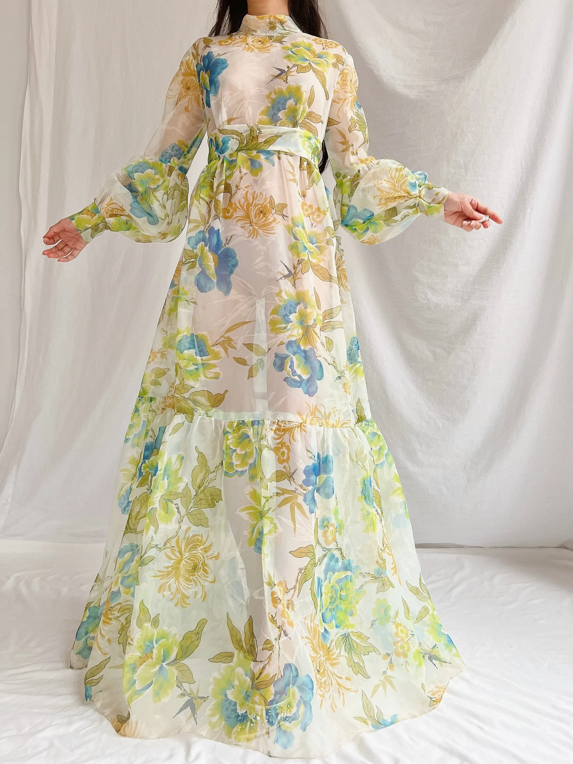 1970s Sheer Voile Puff Sleeves Gown - M