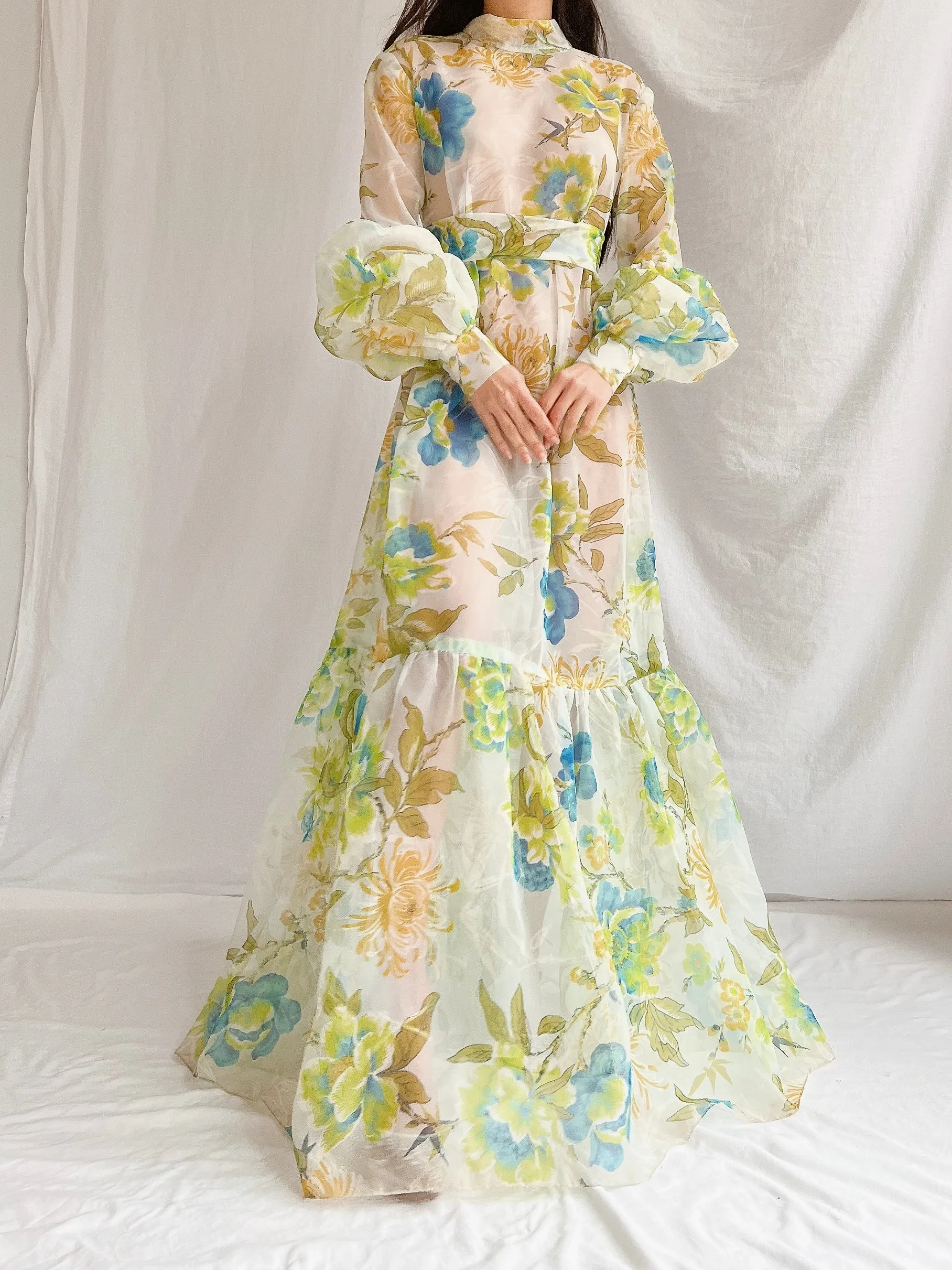 1970s Sheer Voile Puff Sleeves Gown - M