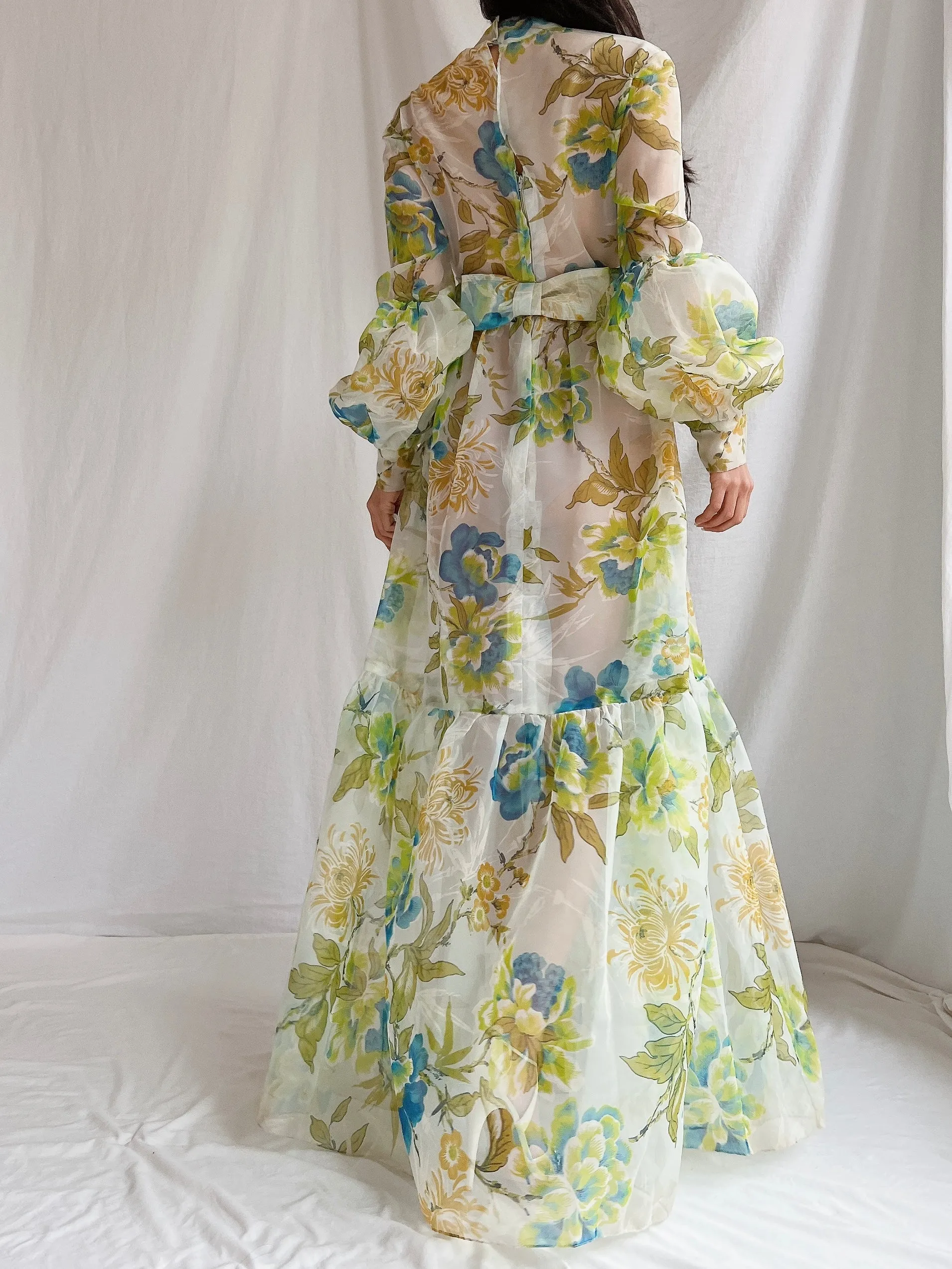 1970s Sheer Voile Puff Sleeves Gown - M