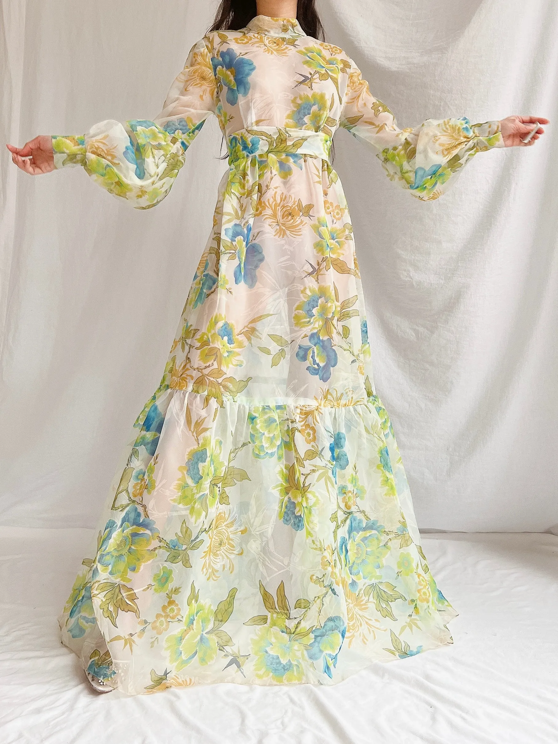 1970s Sheer Voile Puff Sleeves Gown - M