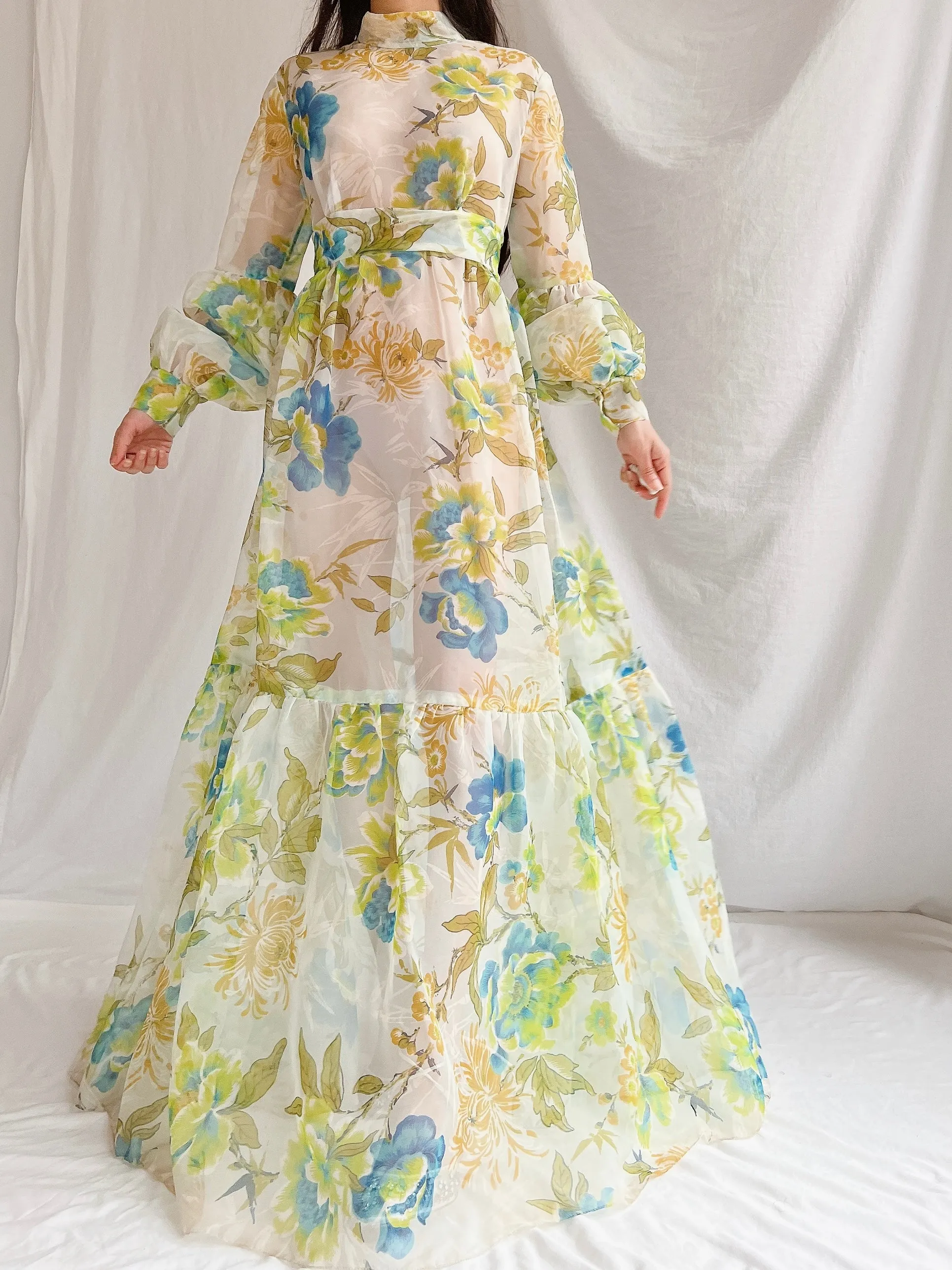 1970s Sheer Voile Puff Sleeves Gown - M
