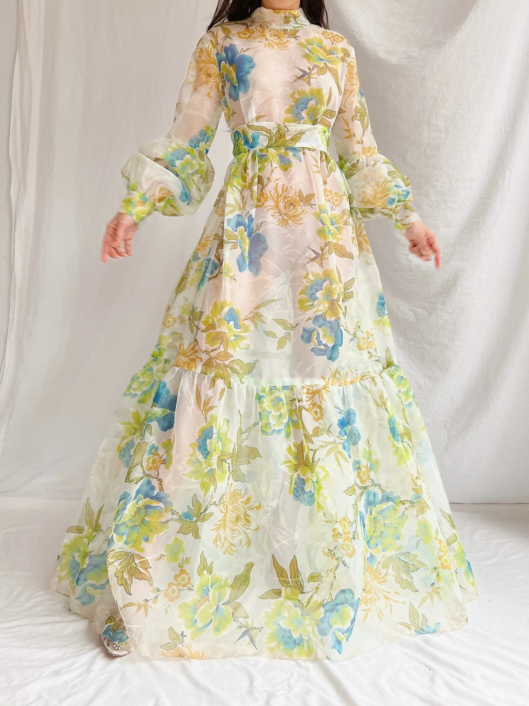 1970s Sheer Voile Puff Sleeves Gown - M