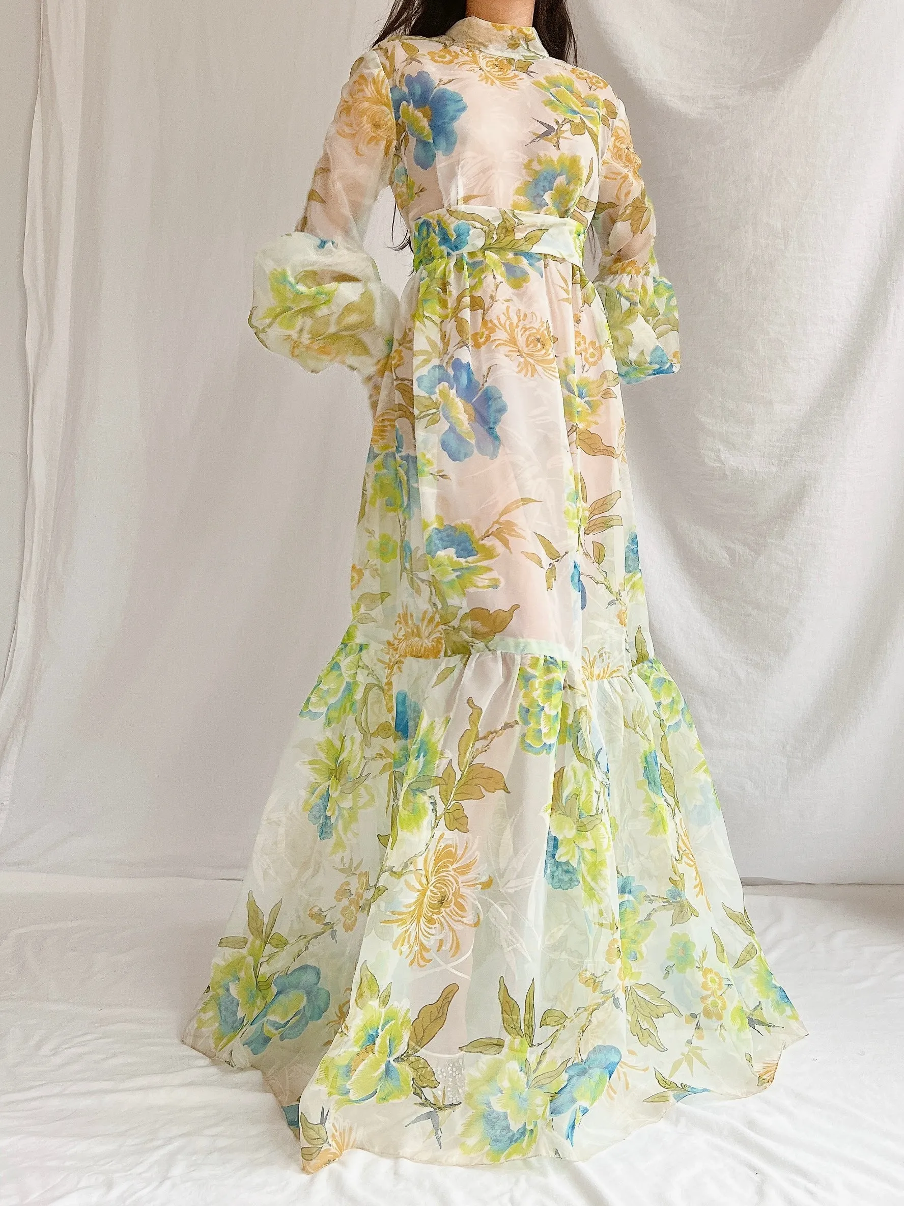 1970s Sheer Voile Puff Sleeves Gown - M