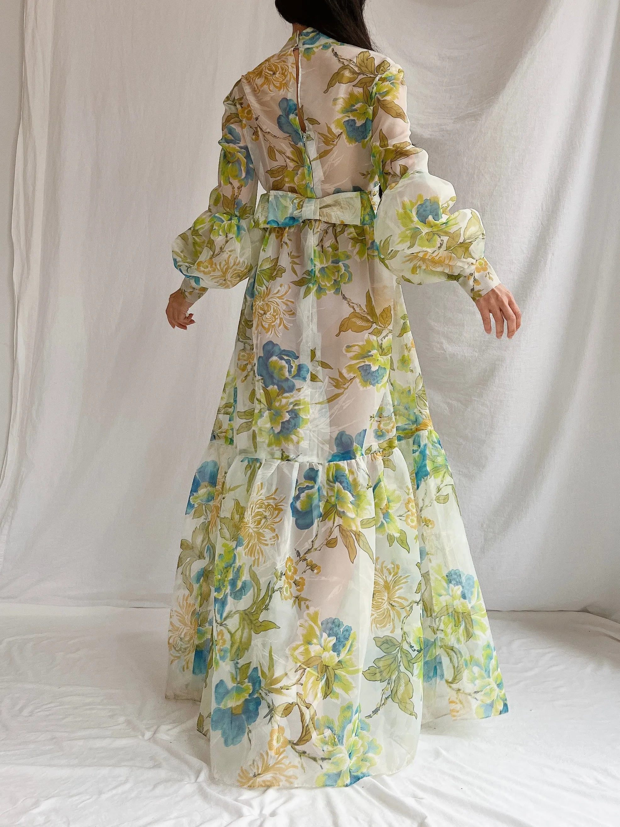 1970s Sheer Voile Puff Sleeves Gown - M