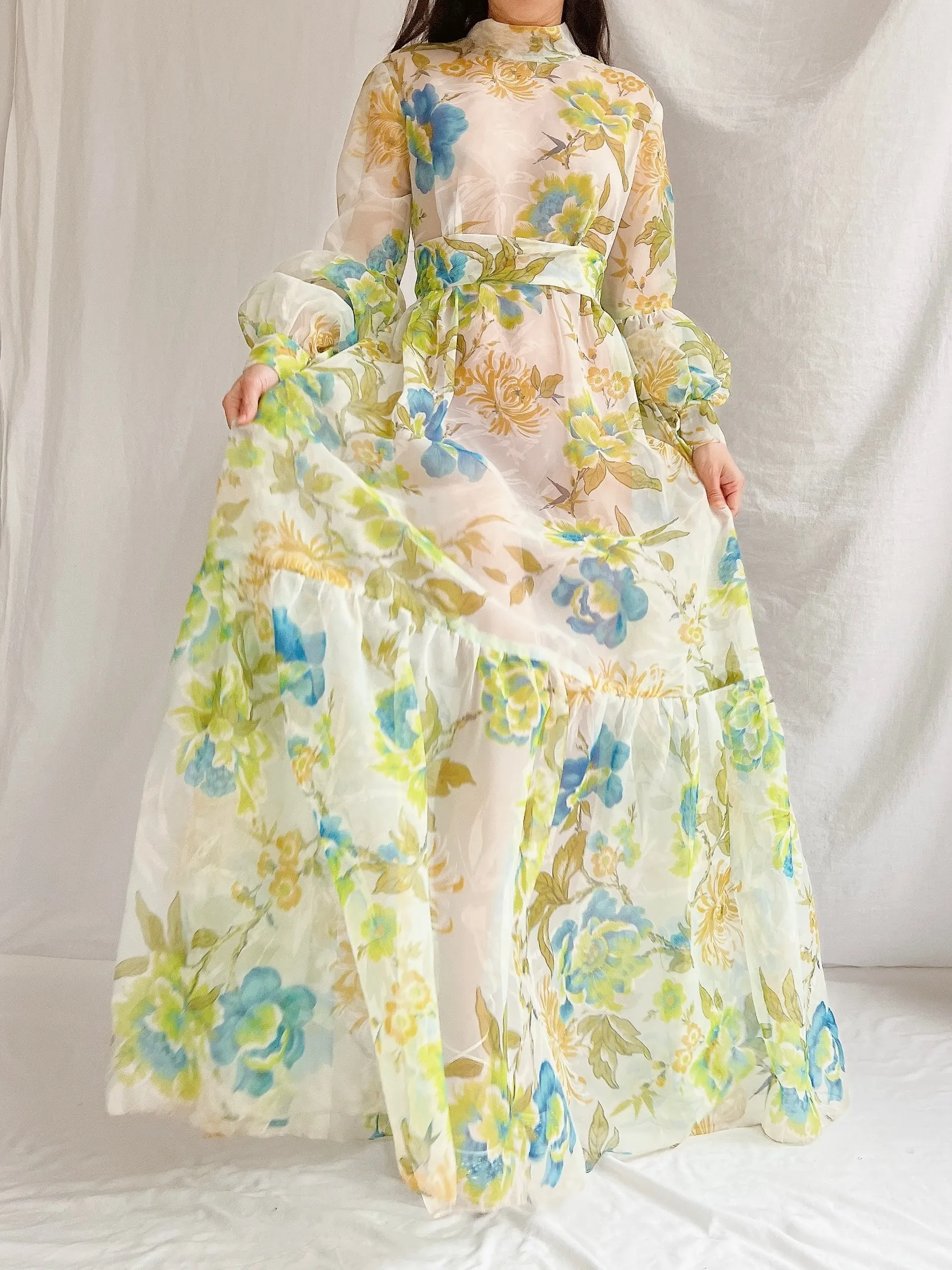 1970s Sheer Voile Puff Sleeves Gown - M