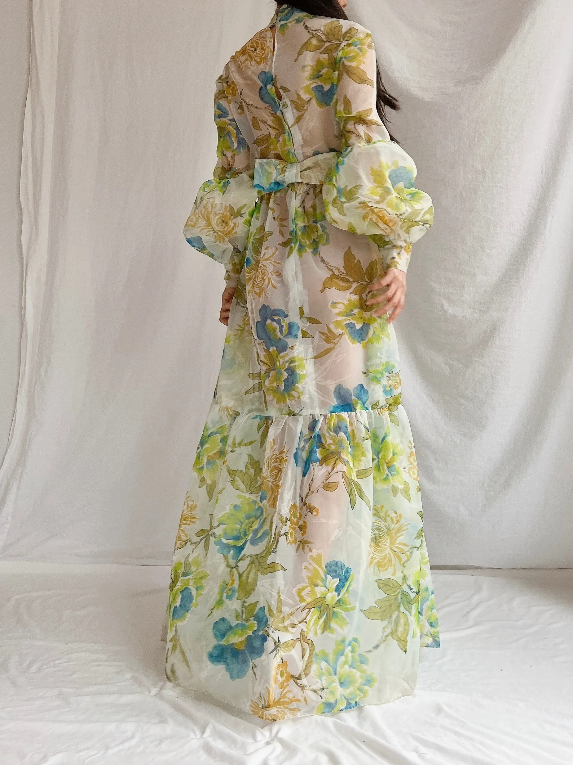 1970s Sheer Voile Puff Sleeves Gown - M