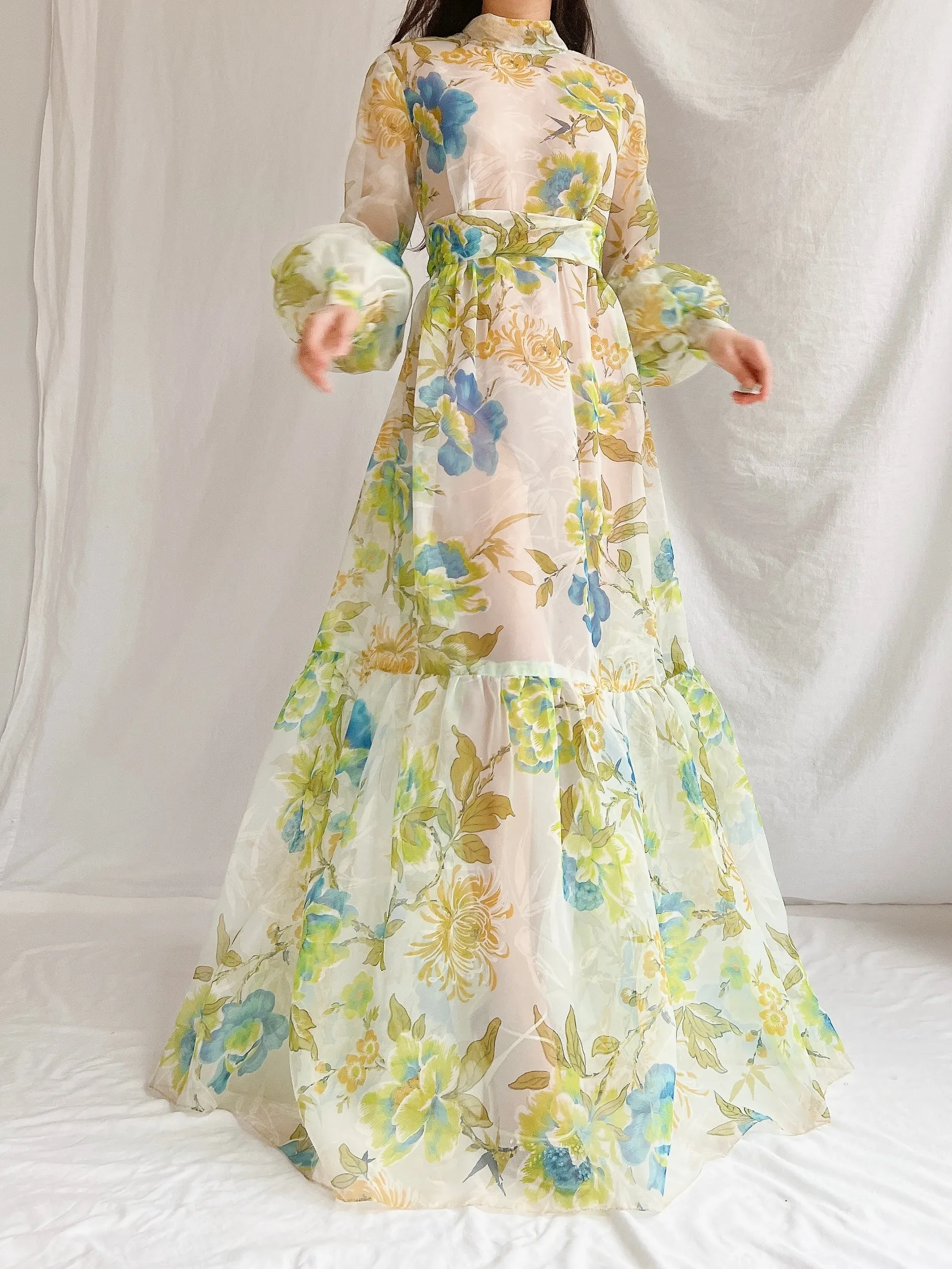 1970s Sheer Voile Puff Sleeves Gown - M