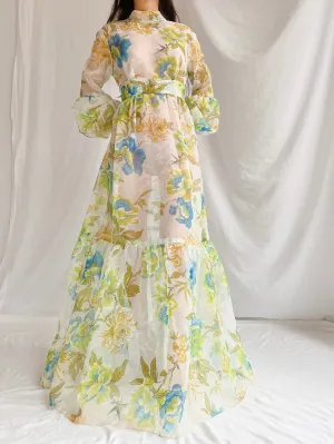 1970s Sheer Voile Puff Sleeves Gown - M