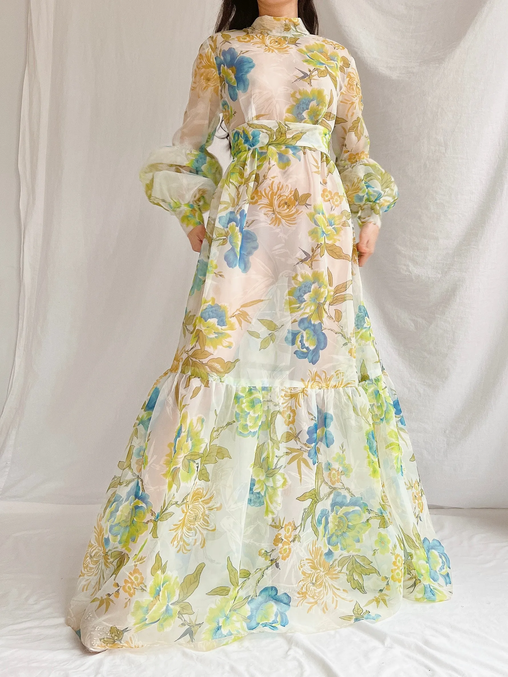 1970s Sheer Voile Puff Sleeves Gown - M