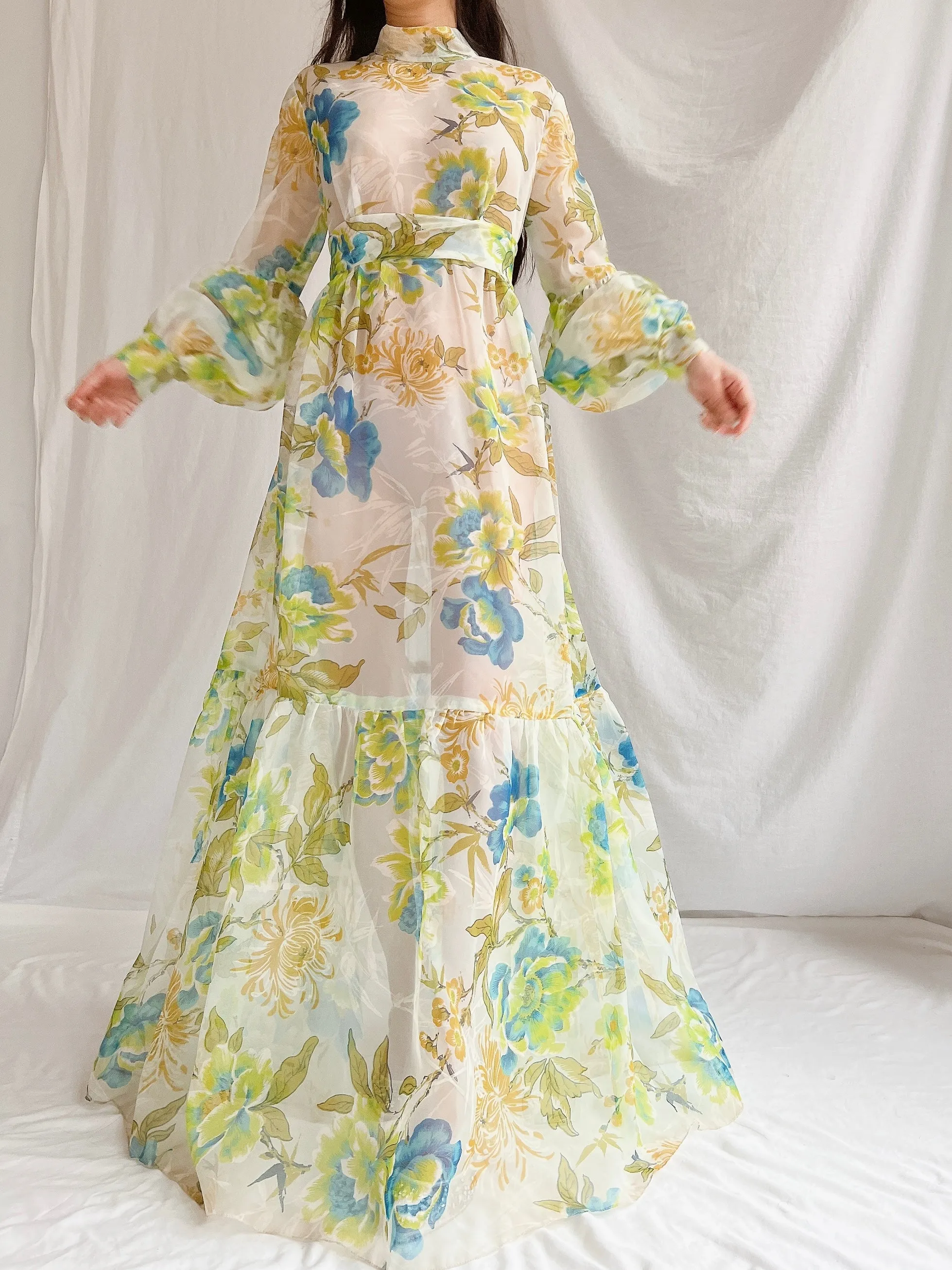 1970s Sheer Voile Puff Sleeves Gown - M