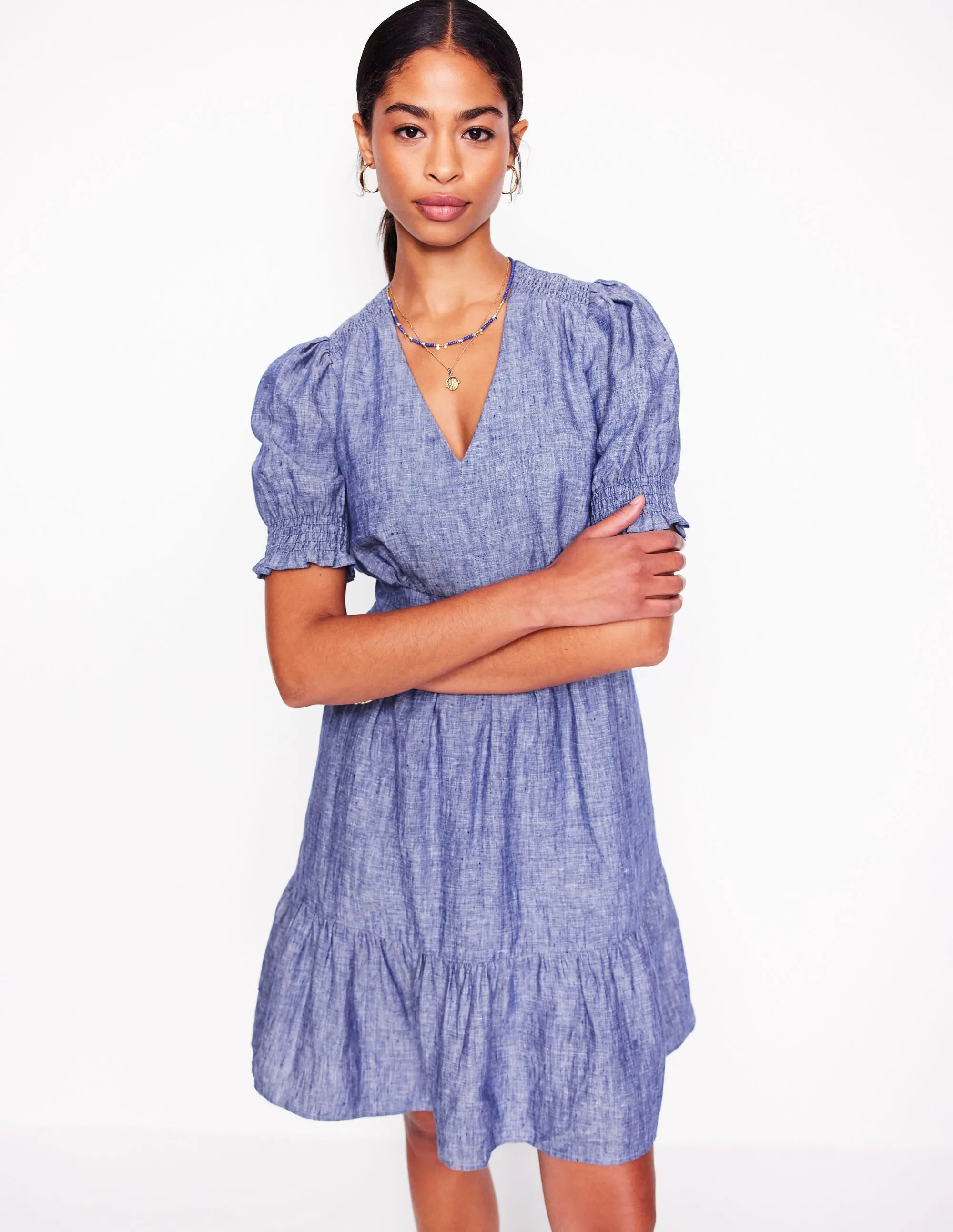 Anna Linen Short Dress-Authentic Blue Chambray