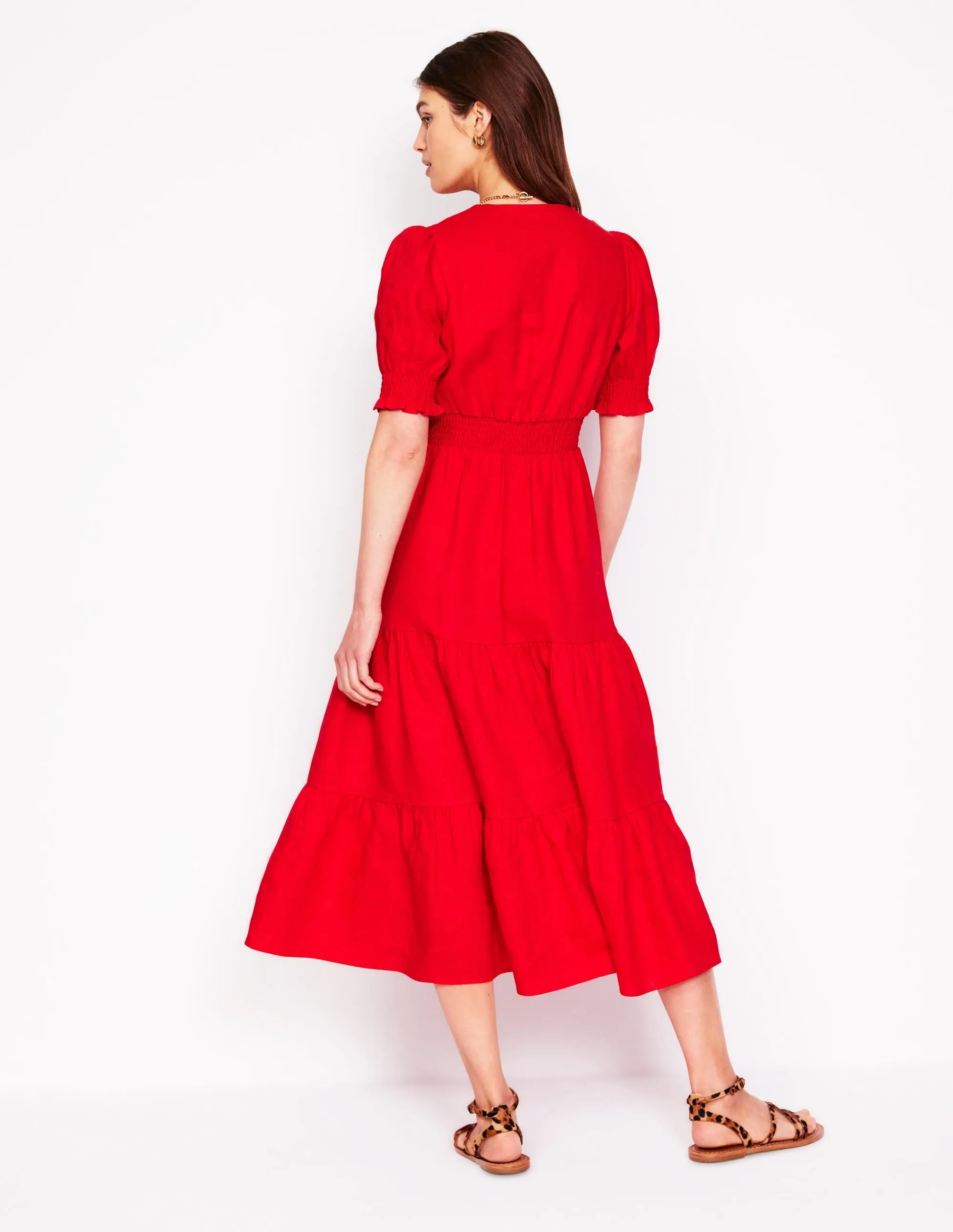 Anna Linen Tiered Midi Dress-Poppy Red