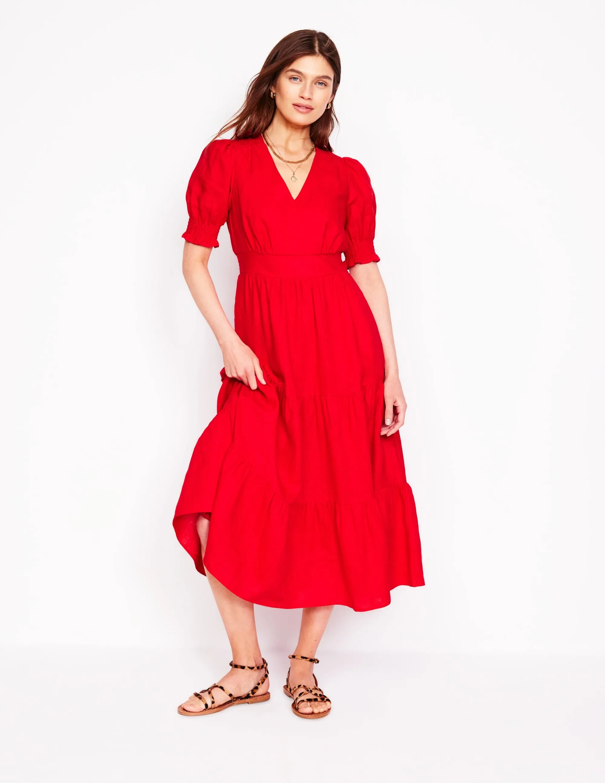 Anna Linen Tiered Midi Dress-Poppy Red