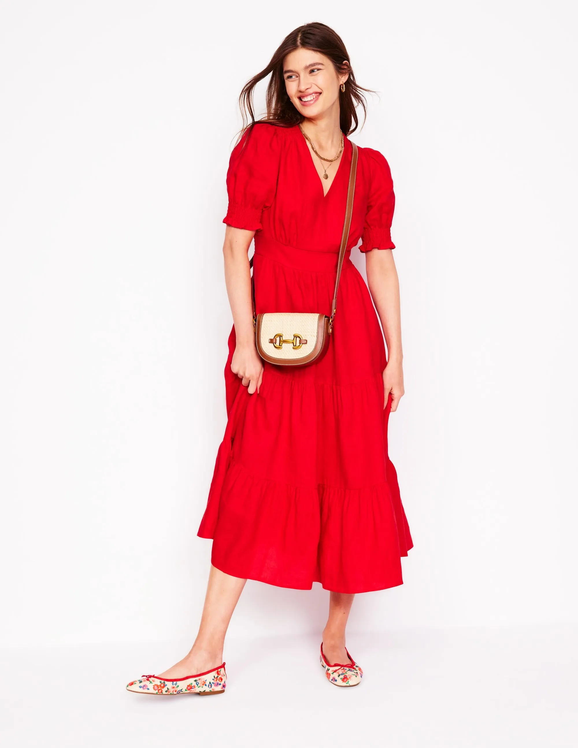 Anna Linen Tiered Midi Dress-Poppy Red