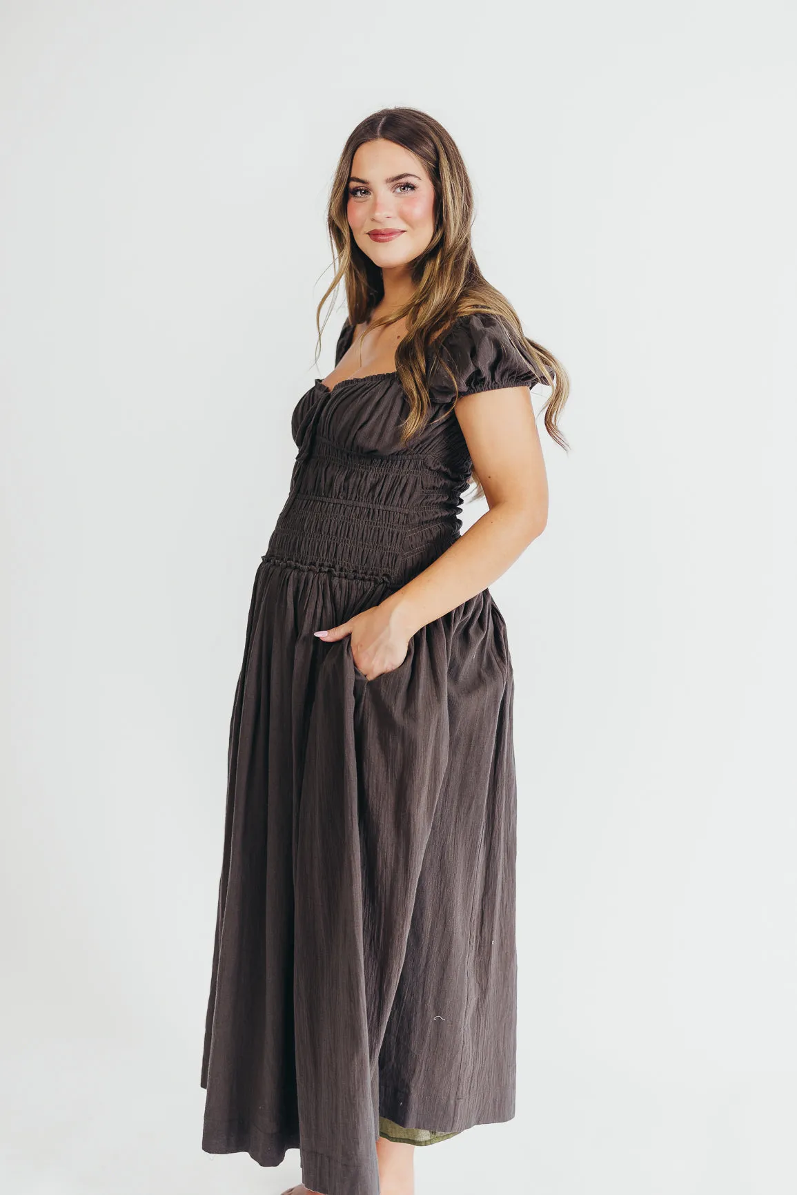 Aria Smocked Maxi Dress with Dropped Waist in Olive