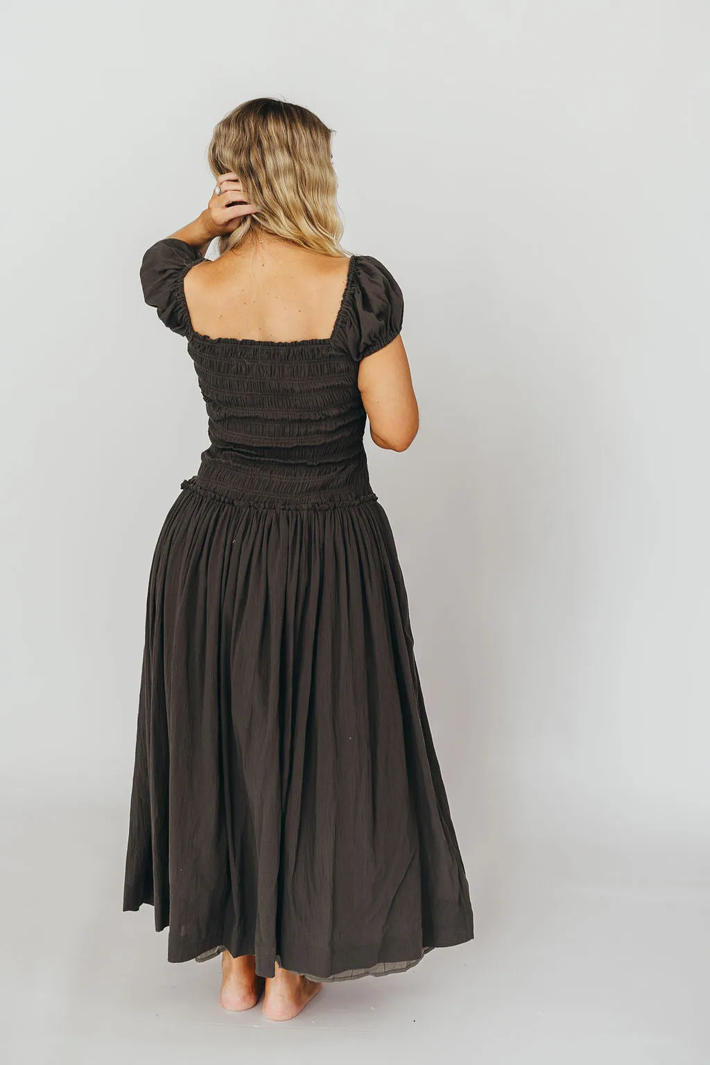 Aria Smocked Maxi Dress with Dropped Waist in Olive