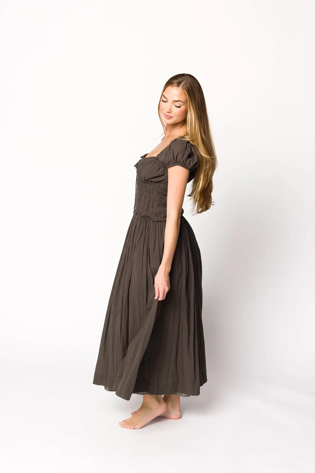 Aria Smocked Maxi Dress with Dropped Waist in Olive