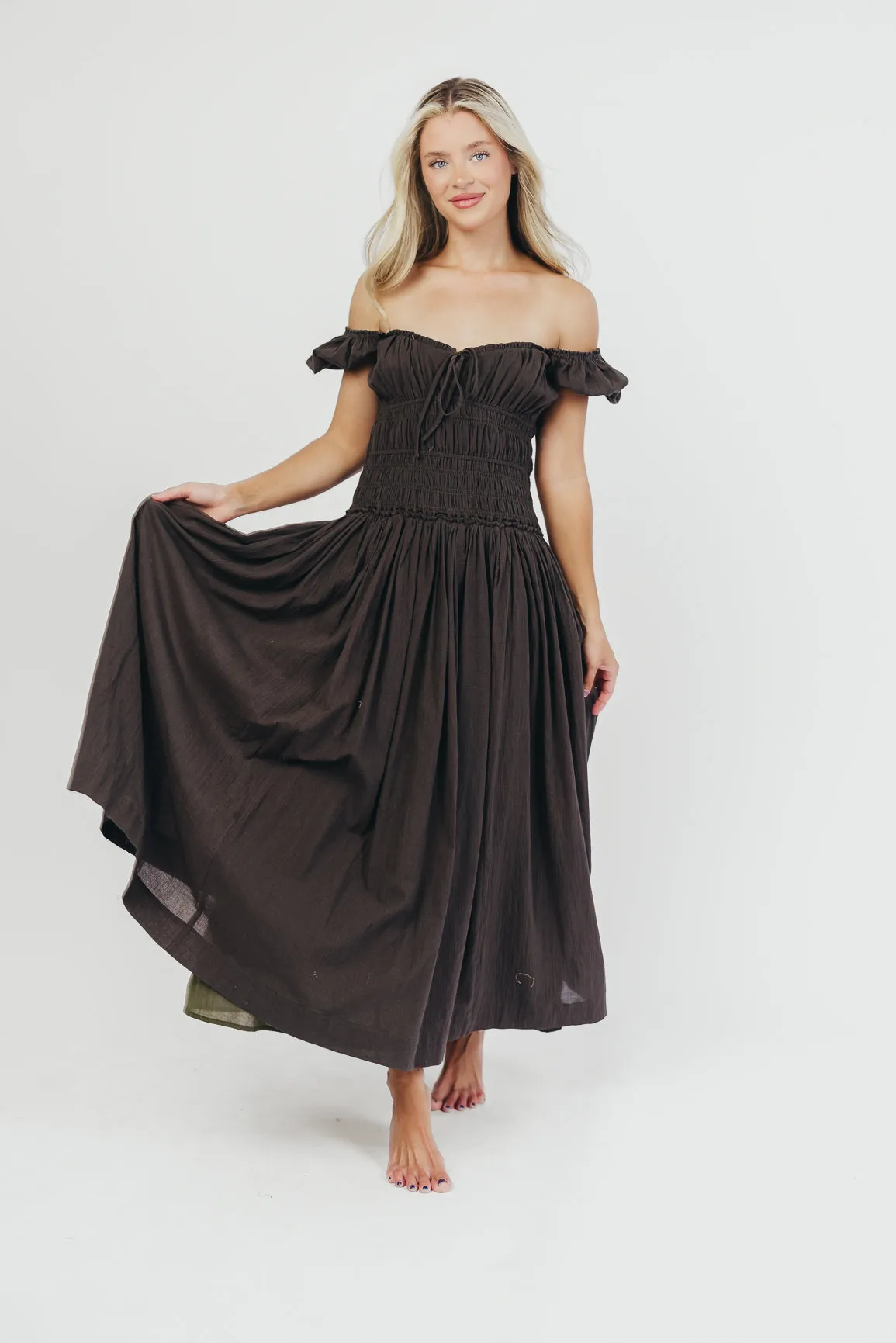 Aria Smocked Maxi Dress with Dropped Waist in Olive
