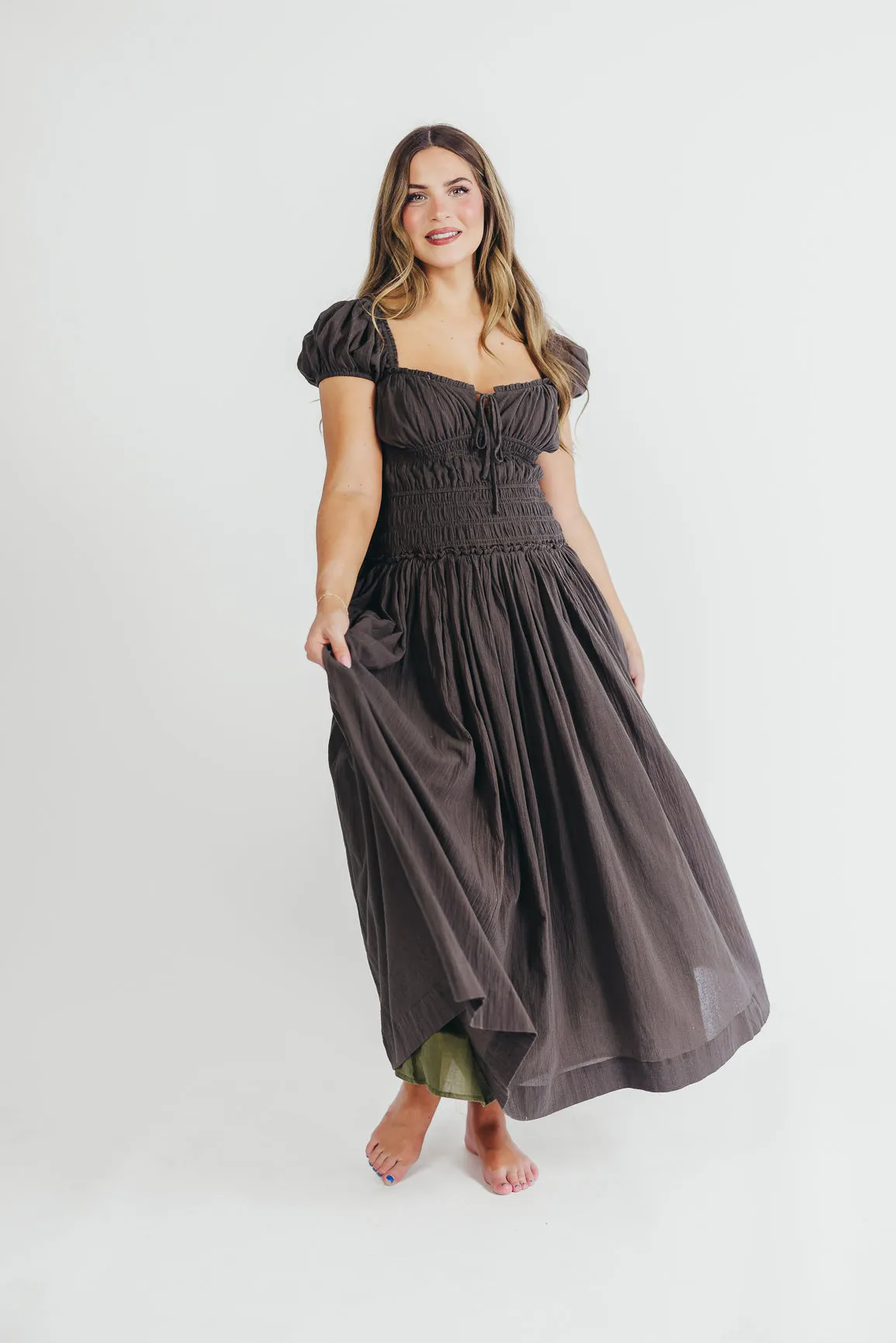 Aria Smocked Maxi Dress with Dropped Waist in Olive