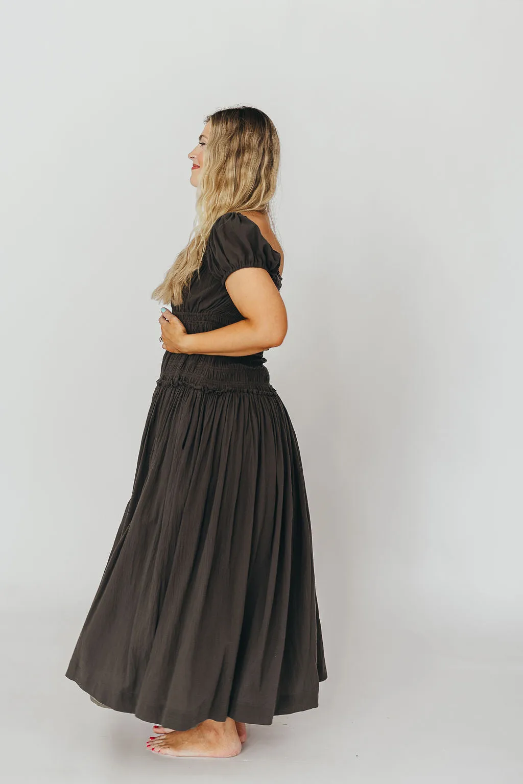 Aria Smocked Maxi Dress with Dropped Waist in Olive