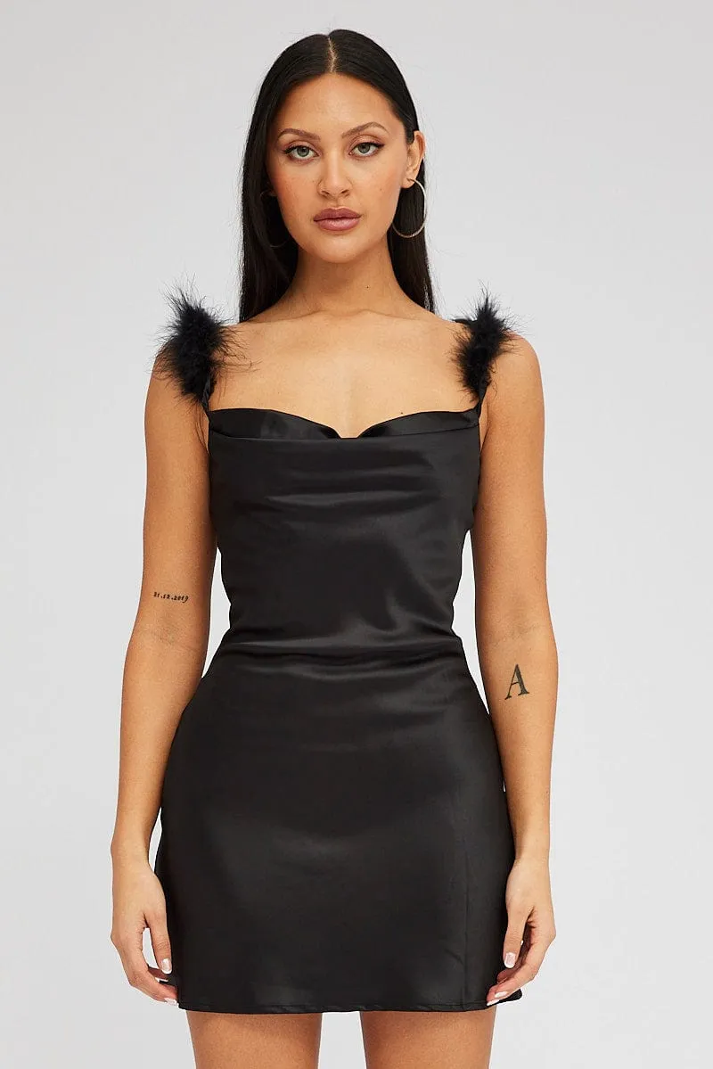 Black Feather Shoulder Satin Slip Dress