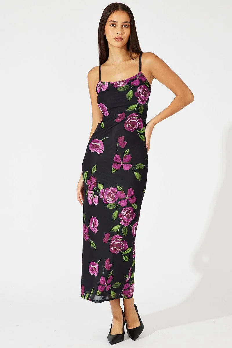 Black Floral Bodycon Maxi Dress Mesh