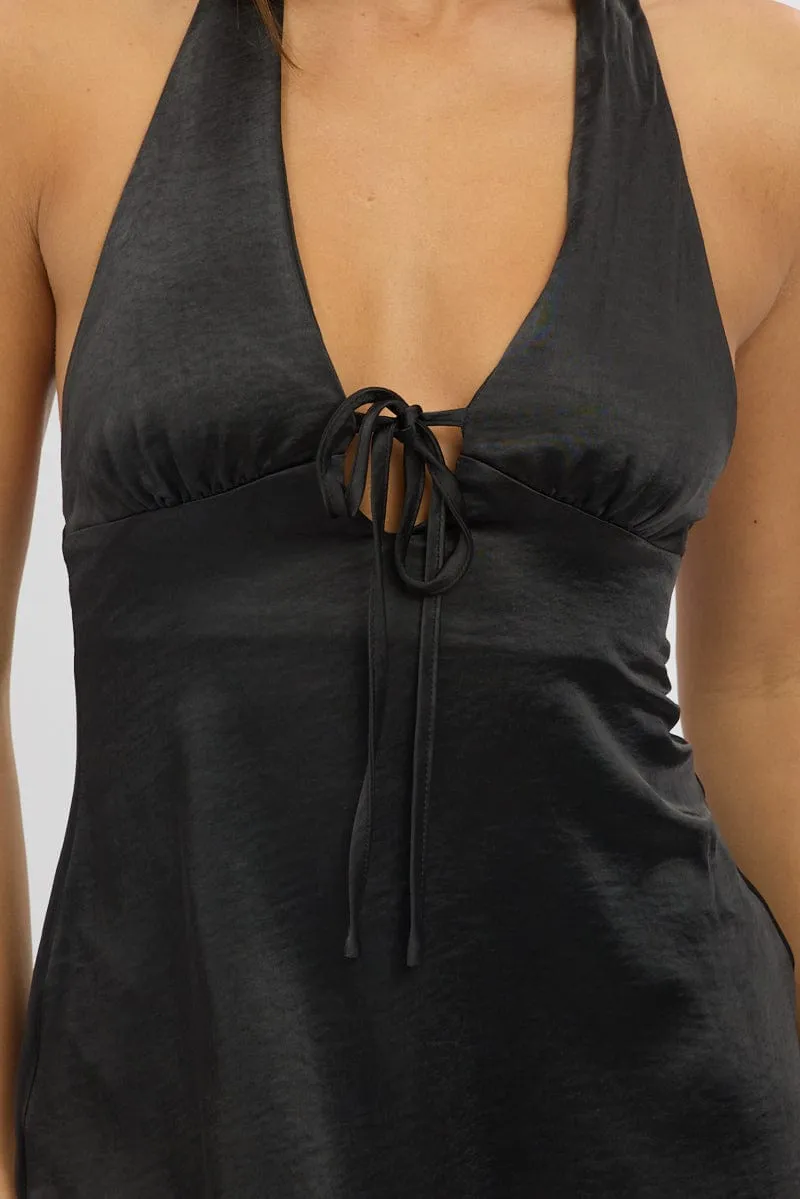 Black Halter Neck Dress Mini Satin