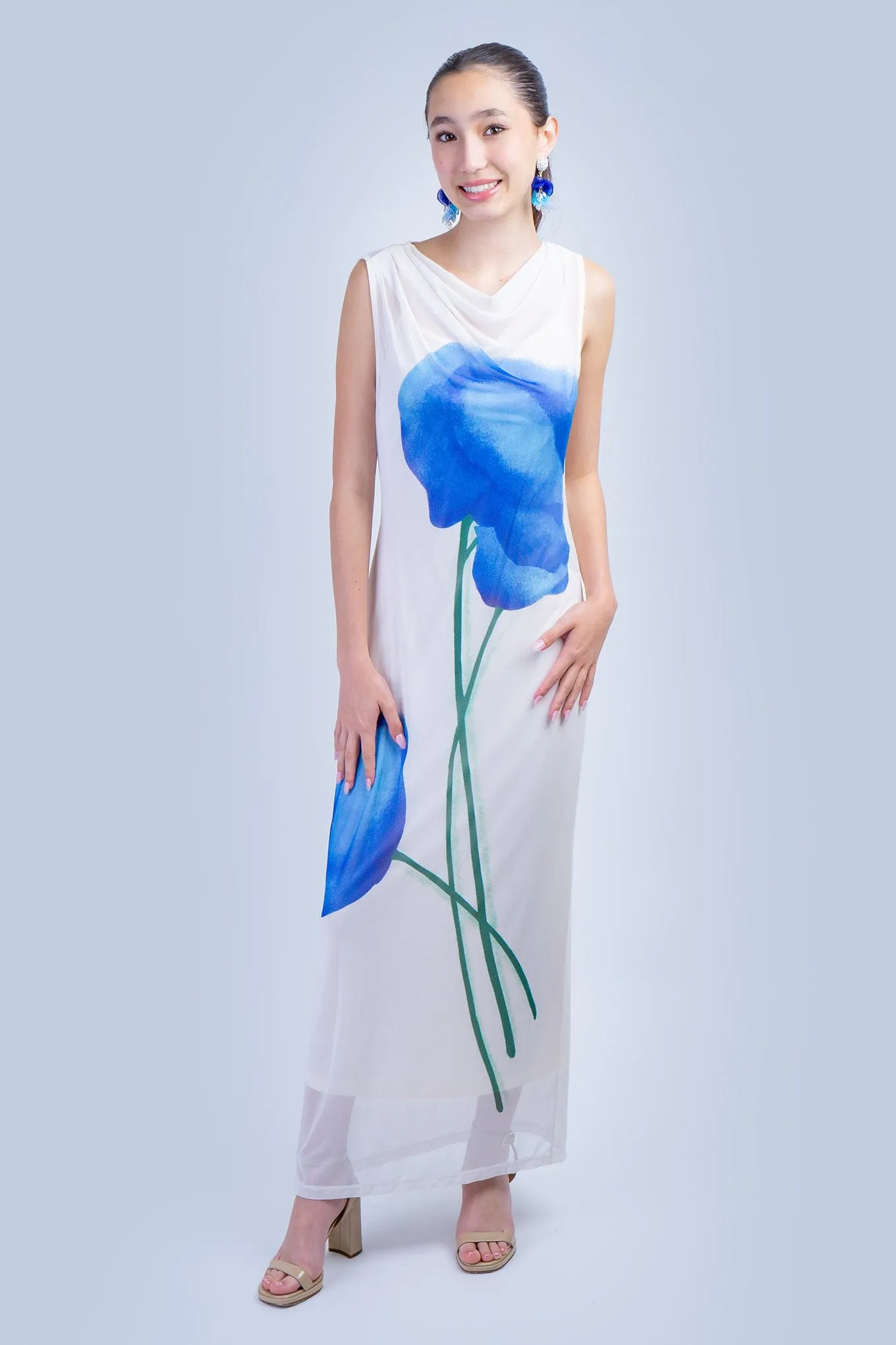 Blue Flowers Mesh Maxi Dress
