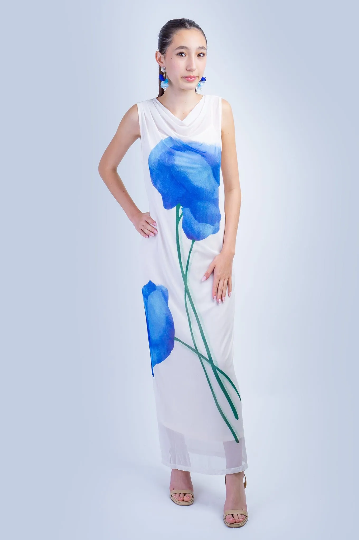 Blue Flowers Mesh Maxi Dress