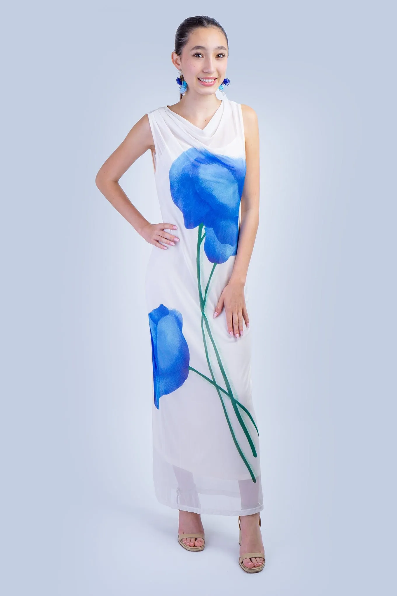 Blue Flowers Mesh Maxi Dress