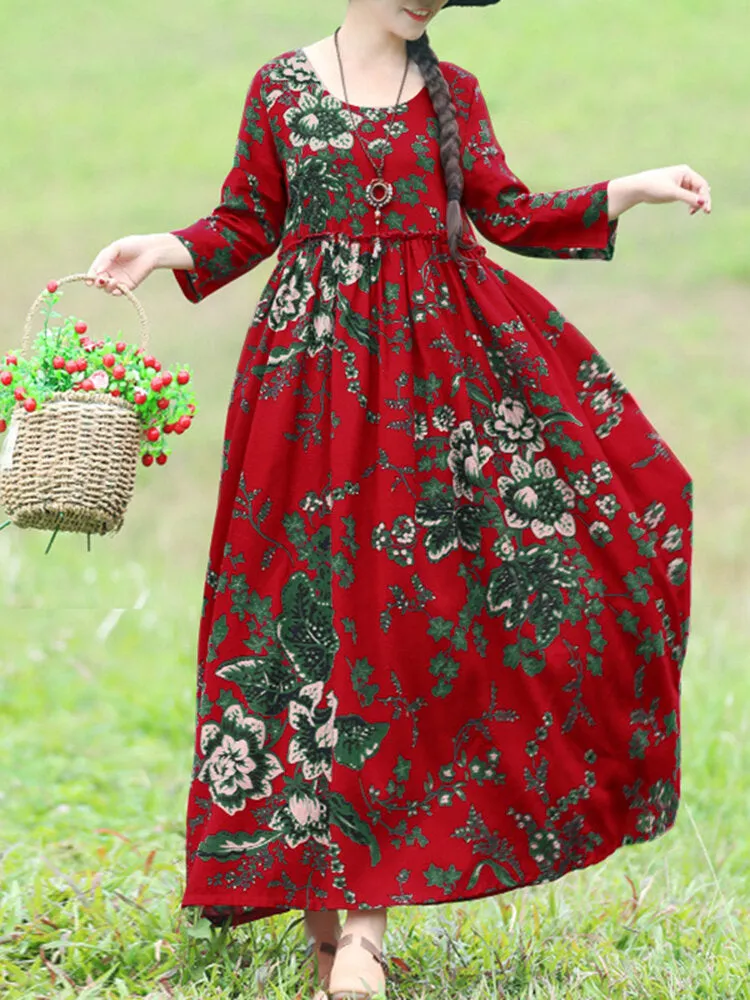 Bohemian Floral Printed Ruffles Pockets Loose Women Maxi Dress