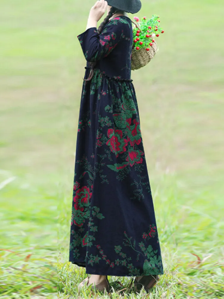 Bohemian Floral Printed Ruffles Pockets Loose Women Maxi Dress