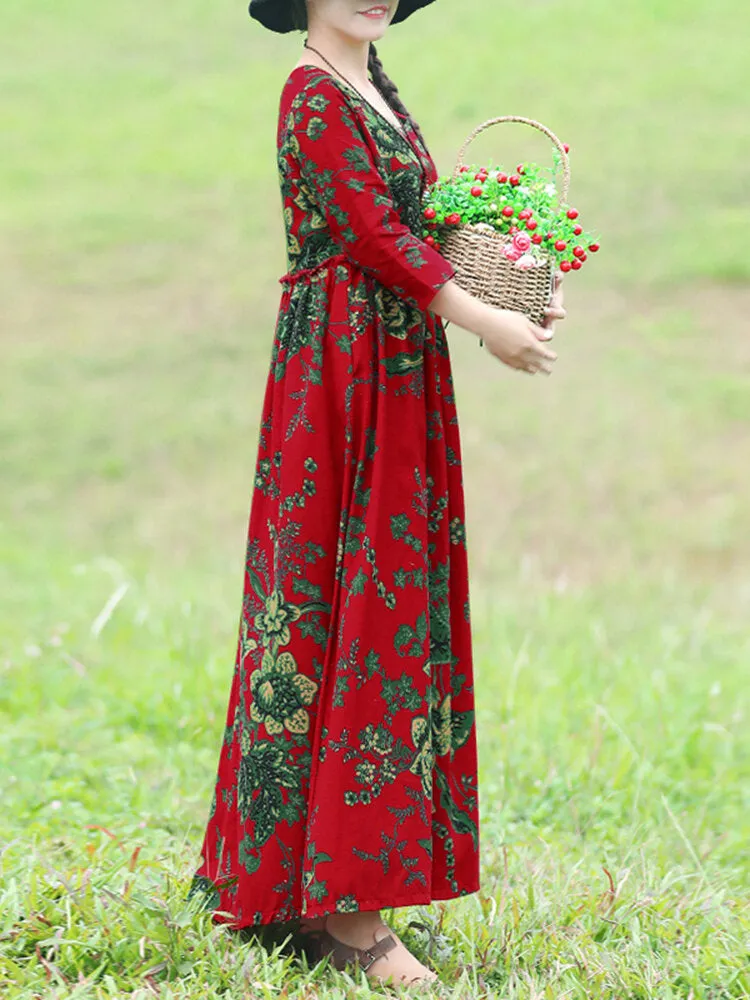 Bohemian Floral Printed Ruffles Pockets Loose Women Maxi Dress