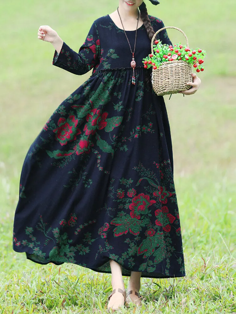 Bohemian Floral Printed Ruffles Pockets Loose Women Maxi Dress