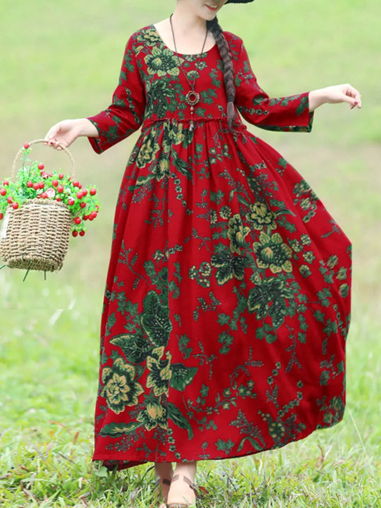 Bohemian Floral Printed Ruffles Pockets Loose Women Maxi Dress