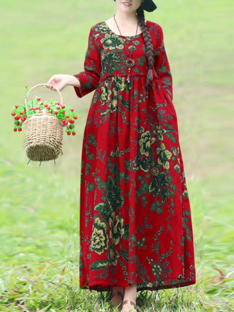 Bohemian Floral Printed Ruffles Pockets Loose Women Maxi Dress
