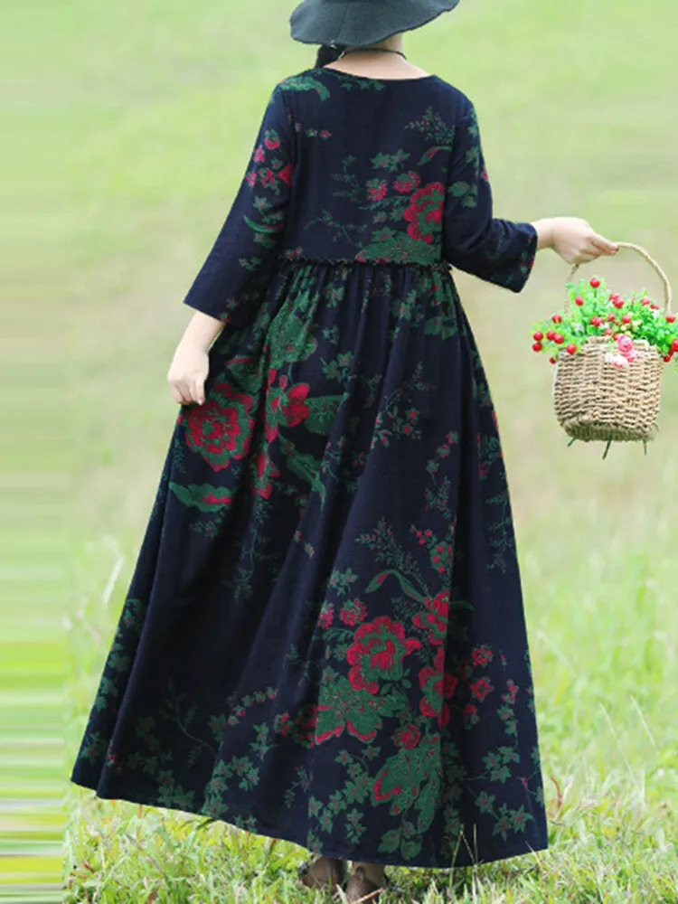 Bohemian Floral Printed Ruffles Pockets Loose Women Maxi Dress