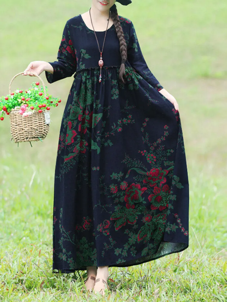 Bohemian Floral Printed Ruffles Pockets Loose Women Maxi Dress