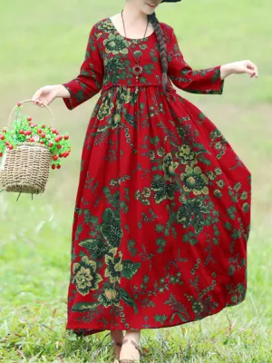 Bohemian Floral Printed Ruffles Pockets Loose Women Maxi Dress
