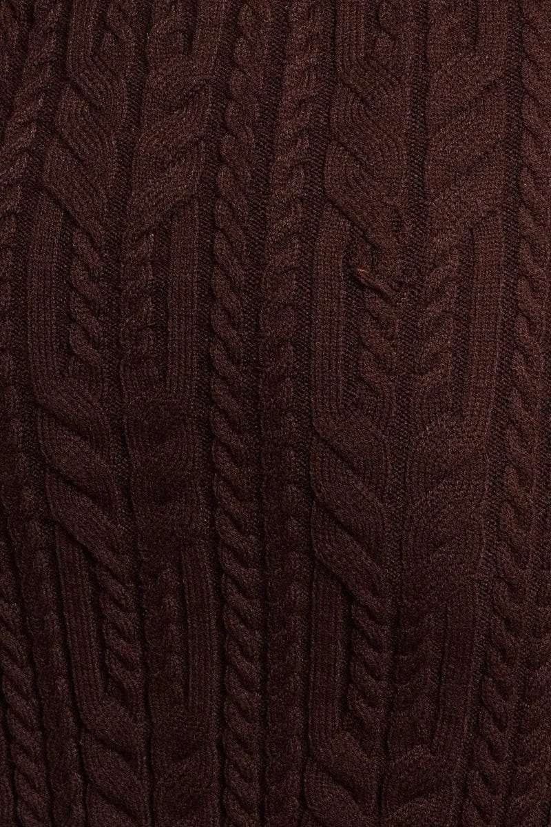Brown One Shoulder Knitted Dress Long Sleeve