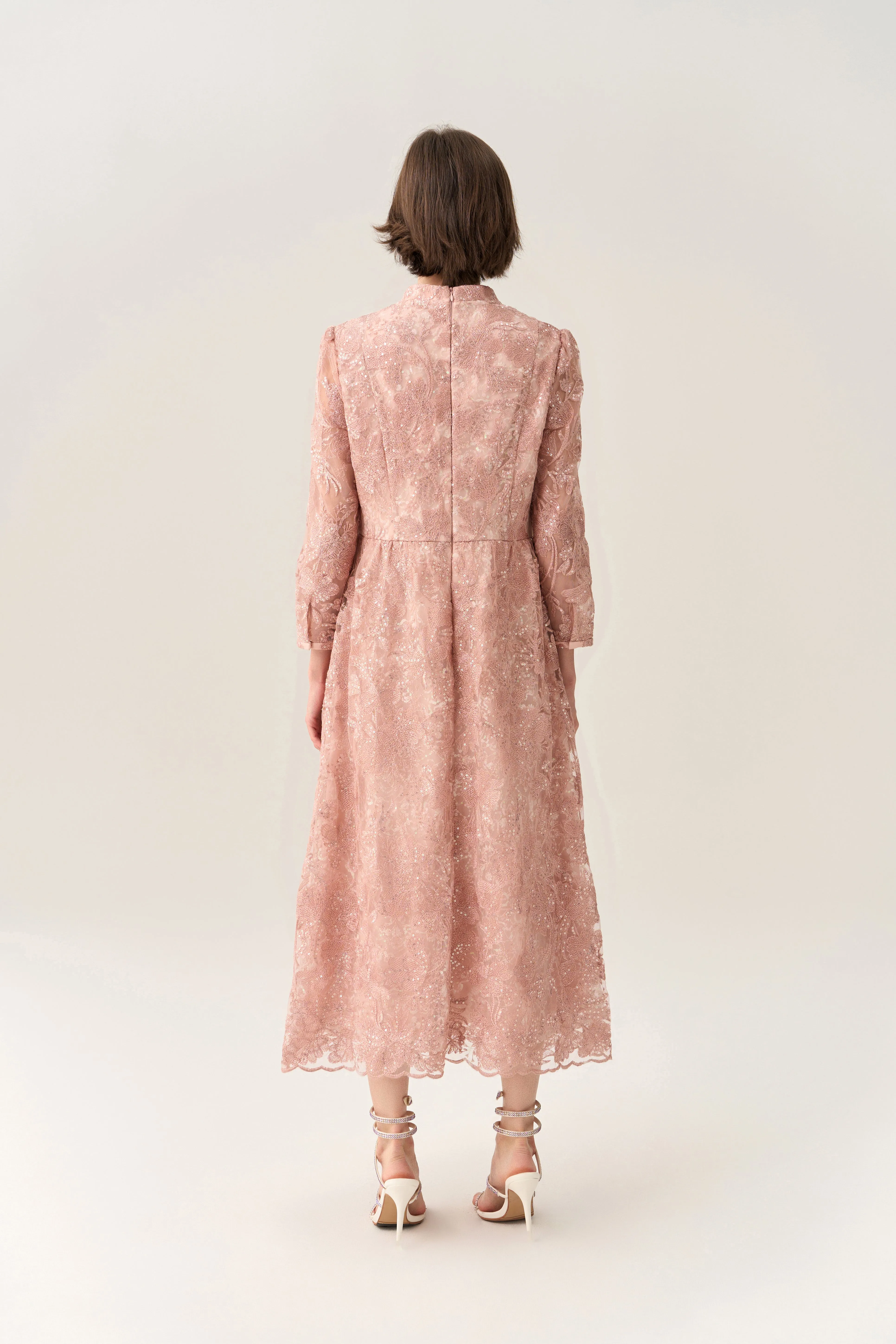 Button-up Embroidery Sequin-detail Scallop-hem Dress