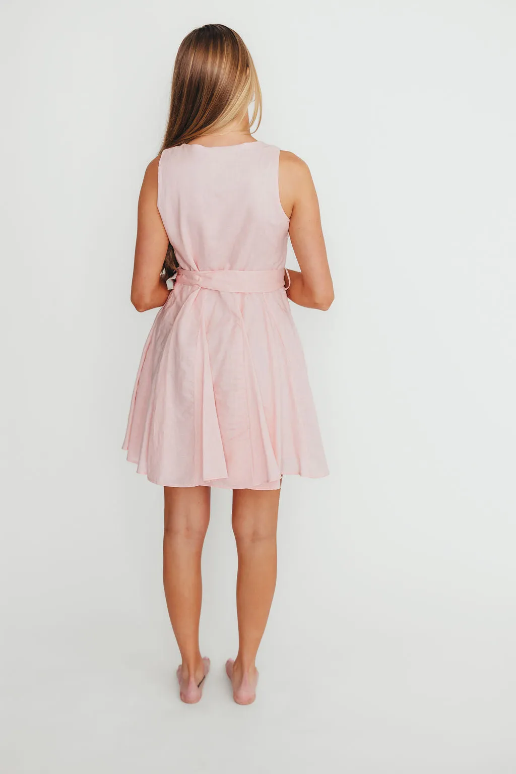 Cadence Belted Button Down Mini Dress in Pastel Pink